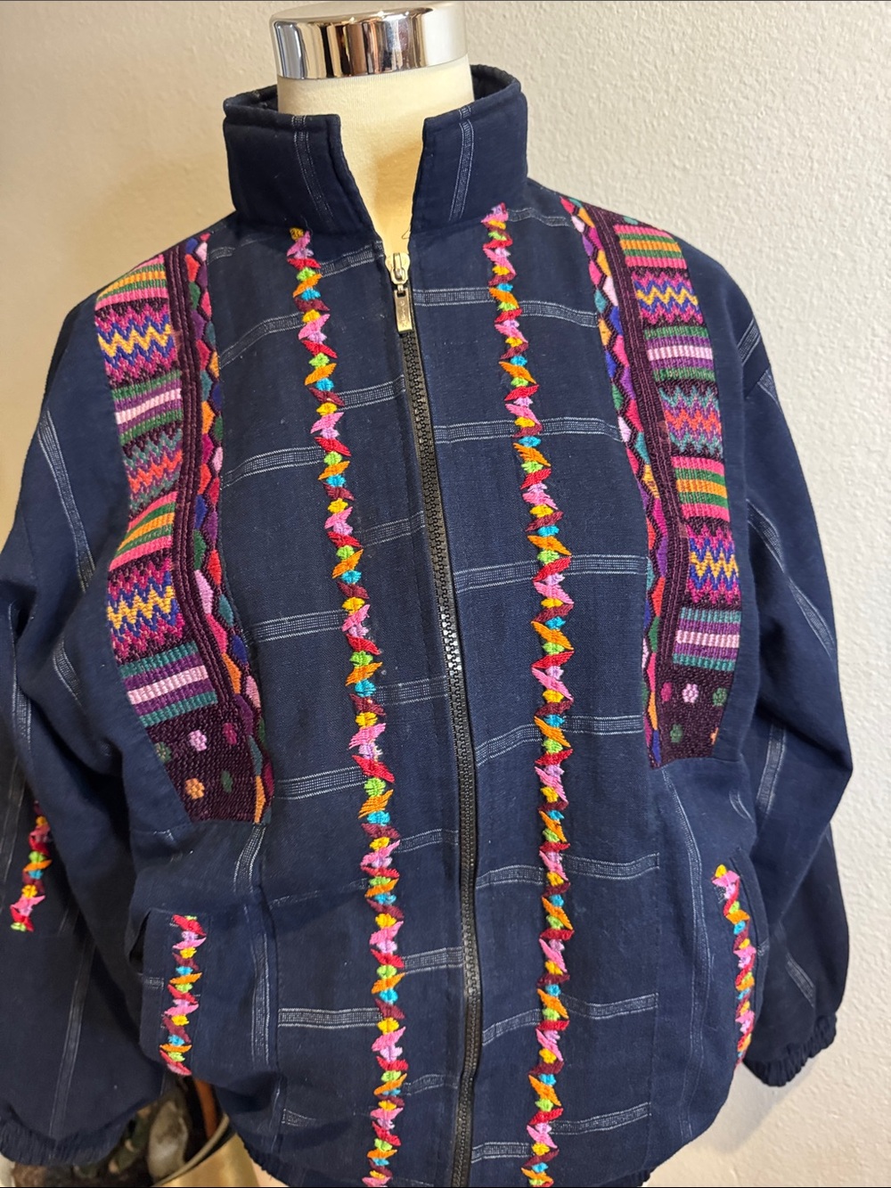 Boho Embroidered Navy Zip-Up Jacket